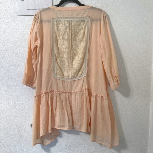 Free People Peach Lace Pintuck Boho Tunic Blouse Cotton Ruffle Hem Womens S - Picture 3 of 6